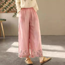 Spring Embroidery Cotton Linen Wide Leg Pants Women Elastic Waist Loose Double Layer Straight Long Pant