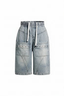 Men Denim Shorts Pockets Patchwork Loose Wide Leg Jeans Shorts Summer Casual Shorts