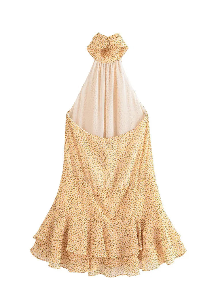 Female Summer Halter Collar Mini Dress Sleeveless A-line Slim Ruffle Laminated Decorative Chic Dresses