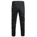 Men Side Pockets Cargo Pants Classic Black High Stretch Denim Jeans Slim Straight Trousers