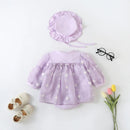 Lavender baby dress with matching hat, shoes, and sunglasses on a white background, Obroi