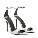 Black and white high-heeled sandals with ankle straps on a white background, Obroi