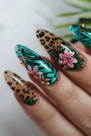 Nails with floral and leopard print design on a white background, Obroi