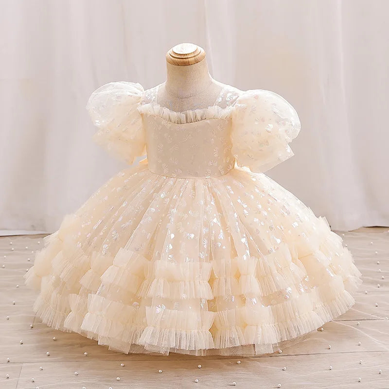 Champagne Lace Baby Dresses Newborn Birthday Dress For Girls Toddler Princess Outfits Children's One Piece