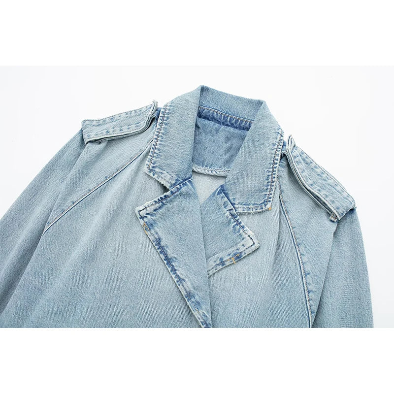 Women With Belt Short Denim Trench Coat Vintage Long Sleeve Lapel Collar Female Crop Outerwear