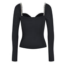 Unique Heart Stones Collar Long Sleeve Street Women Knitted Slim Sweater Tops
