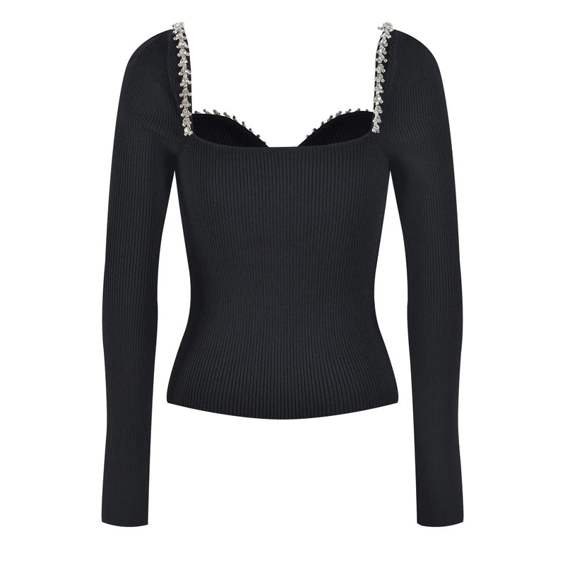 Unique Heart Stones Collar Long Sleeve Street Women Knitted Slim Sweater Tops
