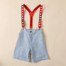 Baby Boys Gentleman Outfit Summer Solid Color Short Sleeve Romper Top and Casual Star Striped Suspender Shorts Set