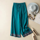 Embroidery Solid Casual Cotton Linen Women's Pants Wide Leg Full-Length Pants For Women