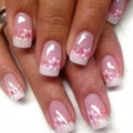 Nails with pink floral design on a white background, Obroi