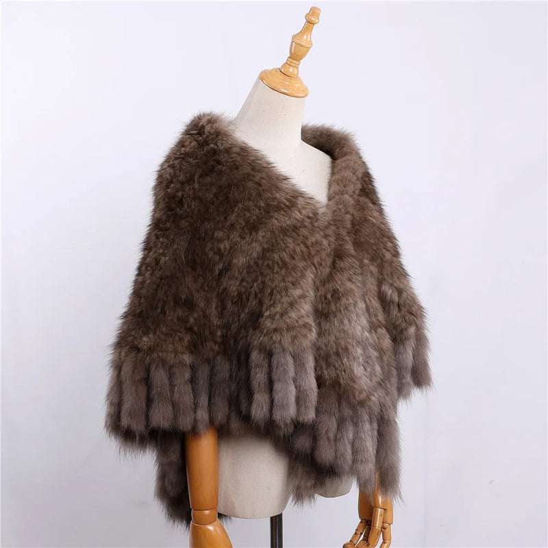 Elegant Women's Winter Warm Genuine Sable Fur Cape Shawl Lady Mink Fur Poncho Tassels Wraps Jacket Extremely Soft