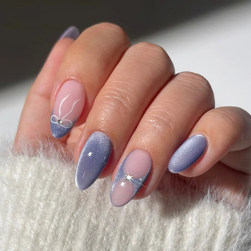 24Pcs Mid-length Almond Press on Nails Wearable Shiny Eye Nails