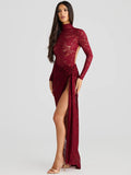 Women Turtleneck Long Sleeve T-shirt And Floral Maxi Skirt Matching Sets Club Party Split Sets