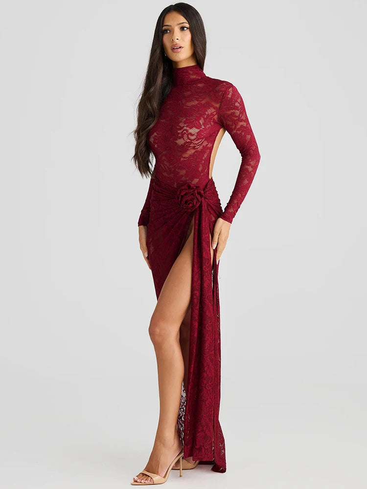 Women Turtleneck Long Sleeve T-shirt And Floral Maxi Skirt Matching Sets Club Party Split Sets