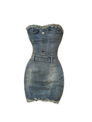 Women's Denim Dress Vintage Sexy Off Shoulder Strapless Bodycon One Piece Midi Dress Frocks Dresses