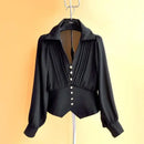 Blouse Women Slim Waist Long Sleeve Chiffon Shirts Folds Single Breasted Crop Tops