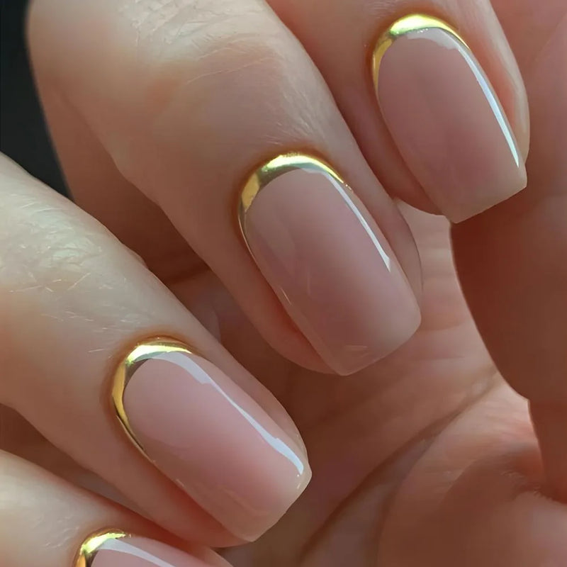 Gold Edge French Nails Short Pink Simple Artificial Nail Patch Press on Nail Tips for Girls Full Cover Wearable