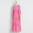 Women Embroidery Flower Lace Patchwork Midi Long Party Dresses Lantern Sleeve Chic