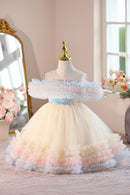 Baby Girl Princess Off Shoulder Dress Sequined Champagne Tulle Gown Kids Frocks 1-4Y