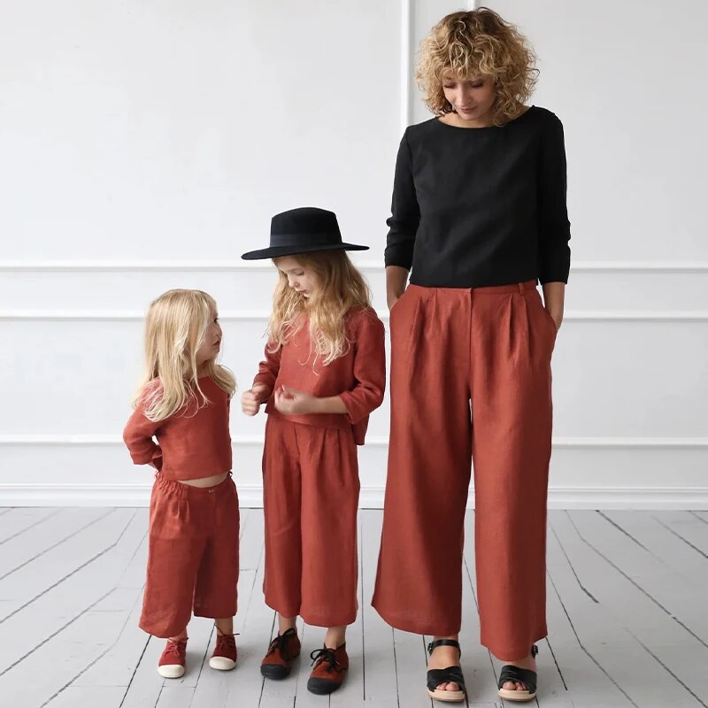 Retro Brick Red Cotton And Linen Girls Suit Spring Summer  Sleeve Tops Straight Pants 2pcs Sets