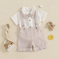Baby Boy Gentleman Outfit Solid Color Short Sleeve Lapel Neck Romper with Stripe Suspender Shorts and Bowtie