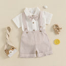 Baby Boy Gentleman Outfit Solid Color Short Sleeve Lapel Neck Romper with Stripe Suspender Shorts and Bowtie