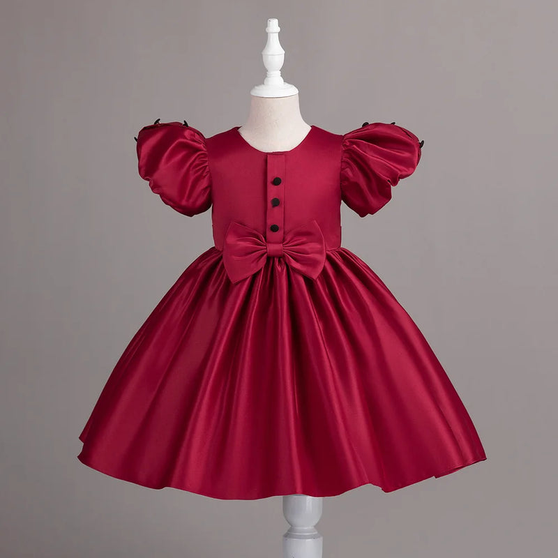 Princess Dress For Girls Button Bowknot Girl Ceremonial Dress Kids Formal Occasion Bridesmaid Gowns