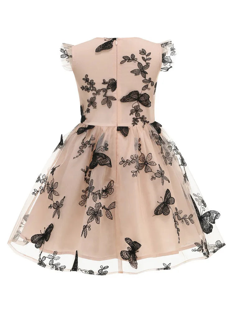 Butterfly Embroidered Mesh Overlay Pleated Kids Vintage Clothes Summer Princess‌ Girls Dresses