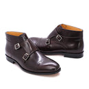 Mens Ankle Boots Genuine Calf Leather Double Buckles Monk Strap Basic Shoes Men Motorcycle Boots