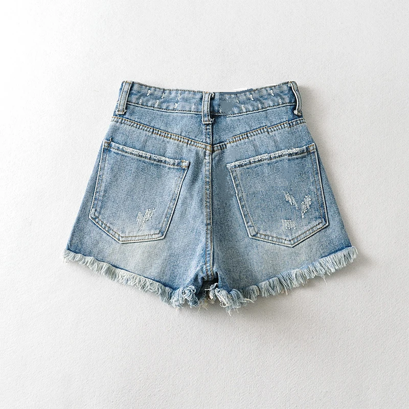 Denim Shorts Women Tassel Raw Edge Distress Jean Shorts Casual High Waist Pocket Shorts