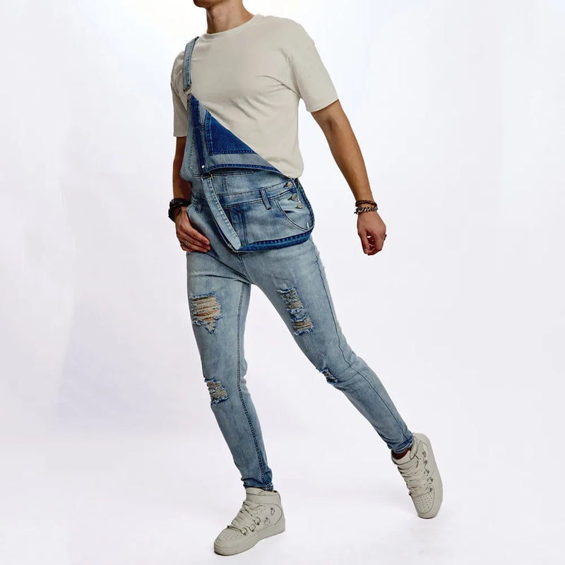 Men Ripped Slim Motorcycle Jeans Overalls Jumpsuits Jeans Biker Strap Denim Pants
