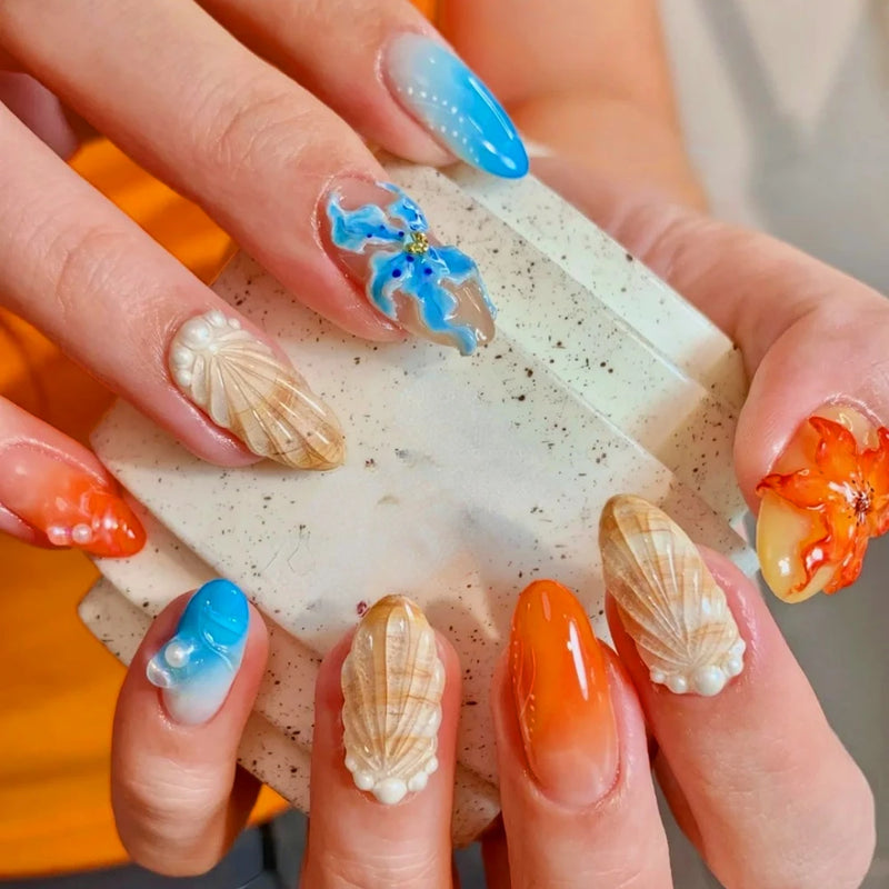 Handmade Manicure Medium Almond Fake Nails Limited Press On Nails Shell Design with Adhesive Nail File Set