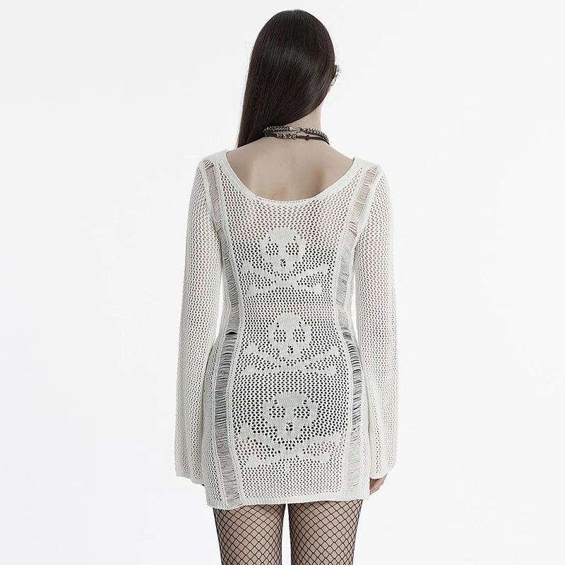 Women Punk Skull Design Weaving Structure Knit Dress Decadent Long Sleeves Short Dresses