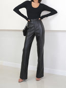 Straight Leather Pants Spring Women Faux Leather Trousers Chic Ladies Leisure Pants