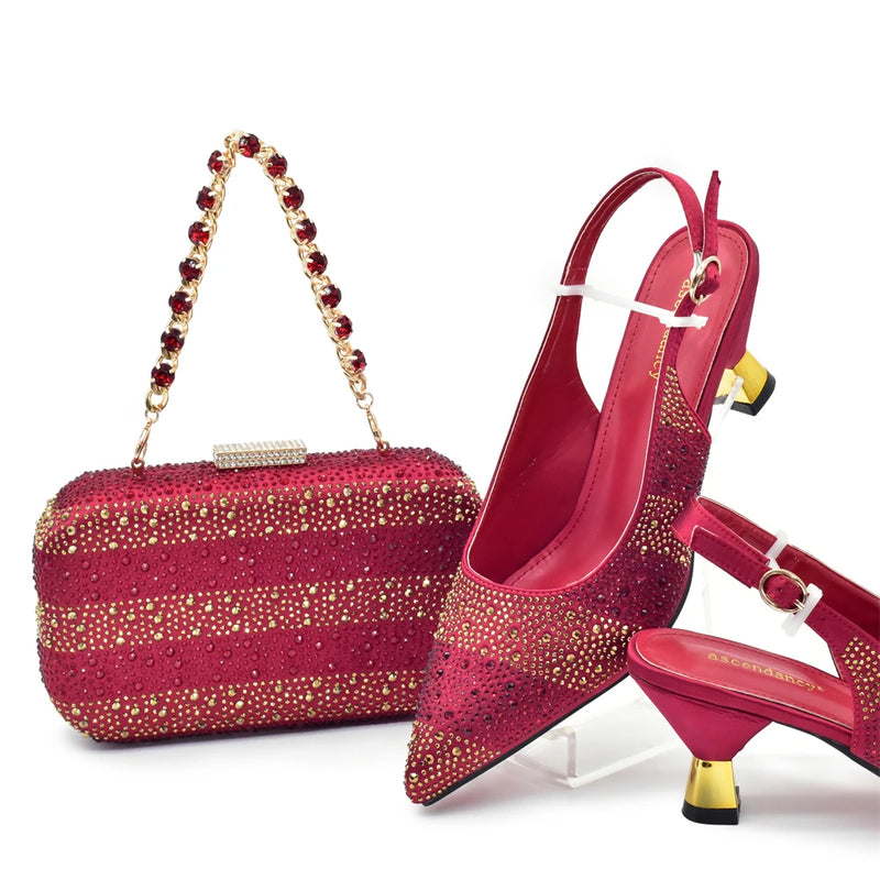 Set for Wedding Women Shoes and Bags To Match Set with Rhinestone Lady Pumps Women Shoes Luxury