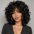 Black Short Loose Afro Curly Wig with Bangs Glueless Natural Looking Wig for Women
