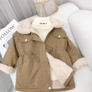 Winter Girls Mid-length Parka Slim Cotton Jacket Velvet Thick Cotton-padded Coats Children Girls Lapel Outerwear