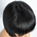 A close-up view from the top of a black wig or short hairstyle on a mannequin head, showing smooth, straight hair with a center part against a light background, Obroi