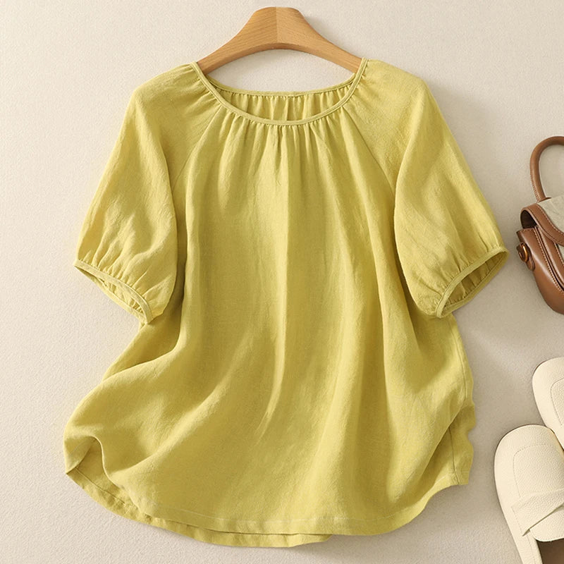Women Cotton Linen Shirts Blouses Basic Solid Summer Top Elegant Ladies Casual Loose T-shirts