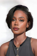 Woman with styled hair, wig on mannequin, and ponytail view against a white background, Obroi
