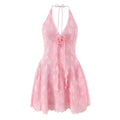 Pink lace dress with floral details on a white background, Obroi