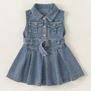 Summer Girls Boutique Clothes Denim Sleeveless Belt Blue Baby Dresses Little Princess Dress Kids Clothing