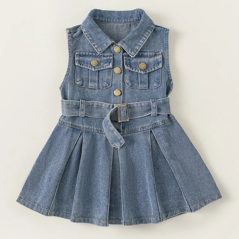 Summer Girls Boutique Clothes Denim Sleeveless Belt Blue Baby Dresses Little Princess Dress Kids Clothing