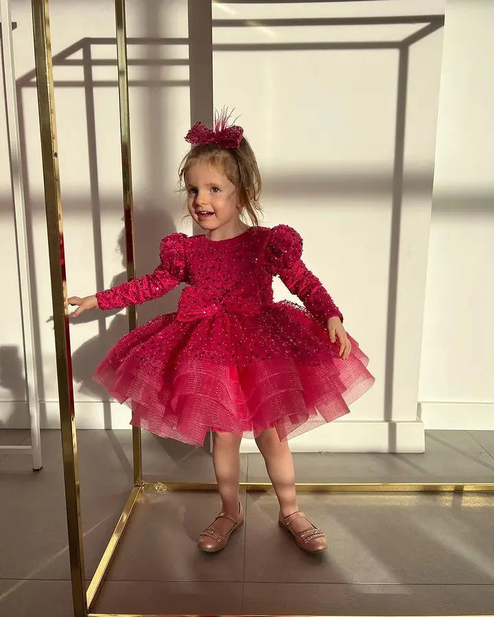Luxury flower girl dress long sleeved sequined girls party dress wedding fluffy chiffon children's Christmas ceremony dress