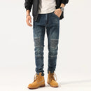 Retro Patchwork Motorcycle Jeans Men's Autumn Slim Straight Elastic Casual Long Pants Cotton Elastic Denim
