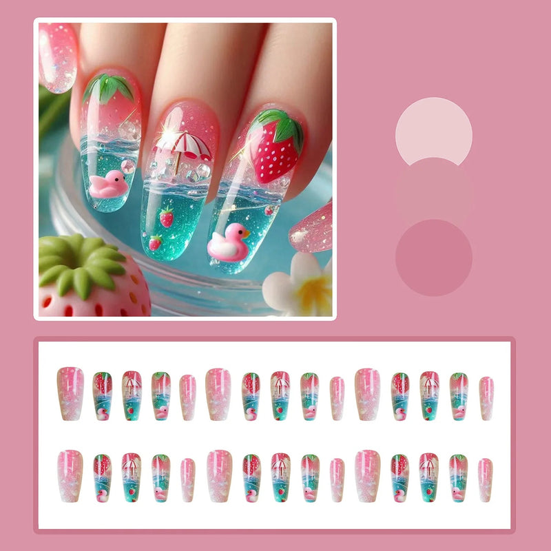 24pcs Fresh Summer Day Nails Long Almond Designs Press On Nails Blue Ocean French Sweet Nail Tip
