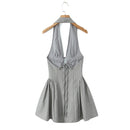 Pleated Halter Dress Women Backless Slim Low Waist Swing Ball Gown Short Dresses