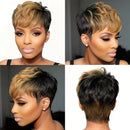 Four views of a woman with a styled haircut featuring black and blonde ombre, Obroi