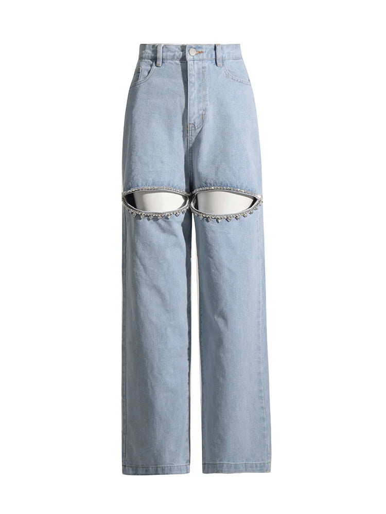 Embroidered Flares Jeans For Women High Waist Patchwork Button Hollow Out Summer Wide Leg Pants Female