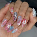 Almond Nail Tips Full Cover Butterfly White Flowers Ornament Finished Nails Cool Sweet for Women